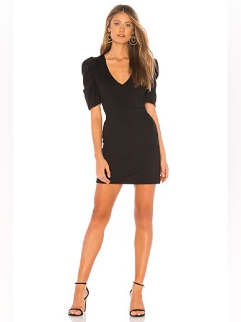 Amanda Uprichard Keene Black Puff-Sleeve V-Neck Mini Dress